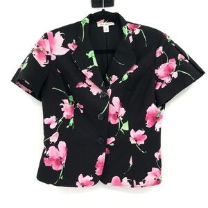 ST. JOHN Short Sleeve Blazer Jacket Black Pink Floral 8 Cotton Silk Y2K 00s 2000